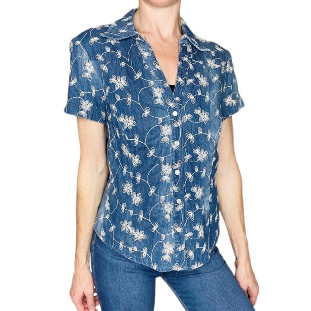 Tribal Blue & White Floral Embroidered Denim Jean Button Down Shirt